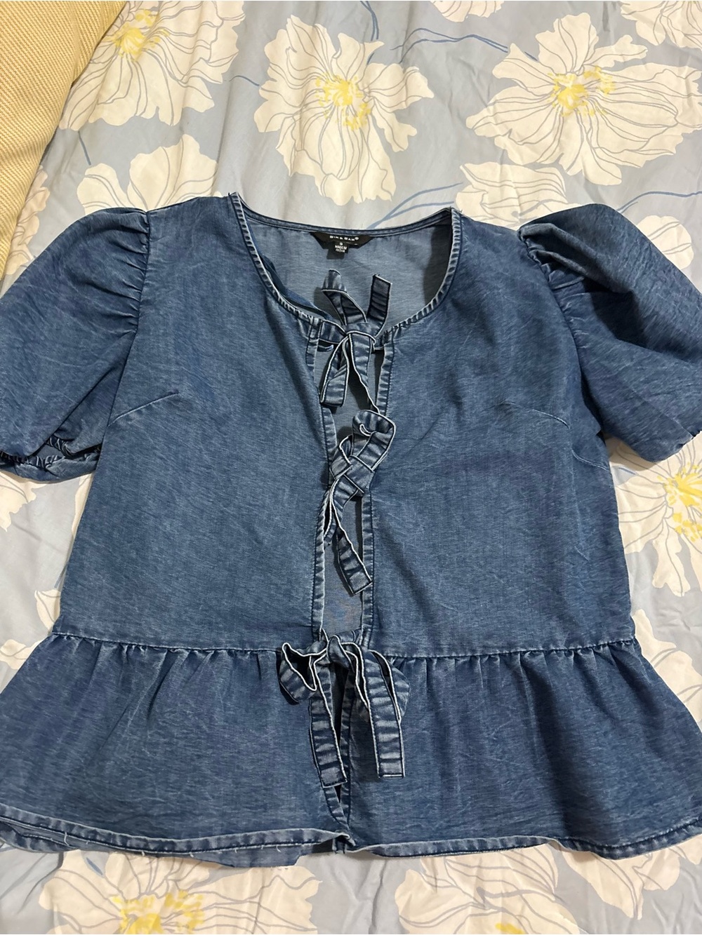 Denim Tie-Front Peplum Blouse - Blue